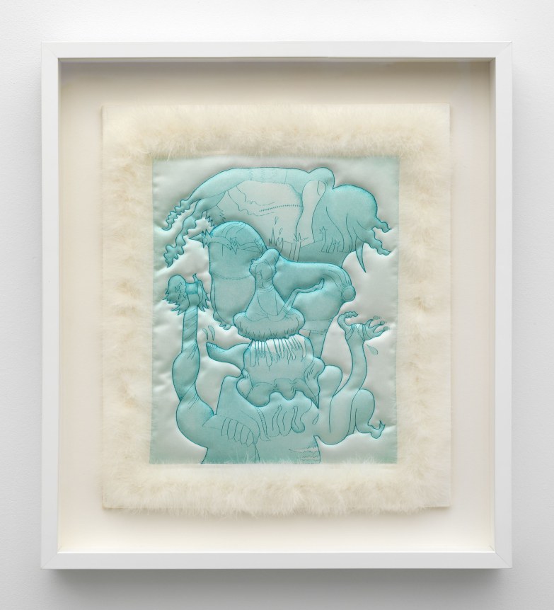 Barbara Rossi.&nbsp;Feather Picture,&nbsp;1971. Color etching and aquatint on white satin with feathers, 23 x 20.5 inches, framed.&nbsp;