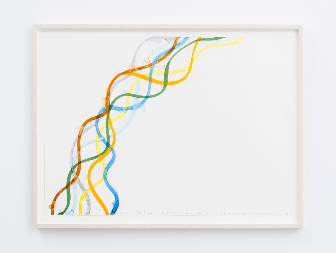 Spencer Finch.&nbsp;Gutter (Brooklyn) beer bottle, leaf, soda can, vitamin water, roll of duct tape, orange powder, yogurt lid,&nbsp;2019. Watercolor on paper, 21 x 29.5 inches.