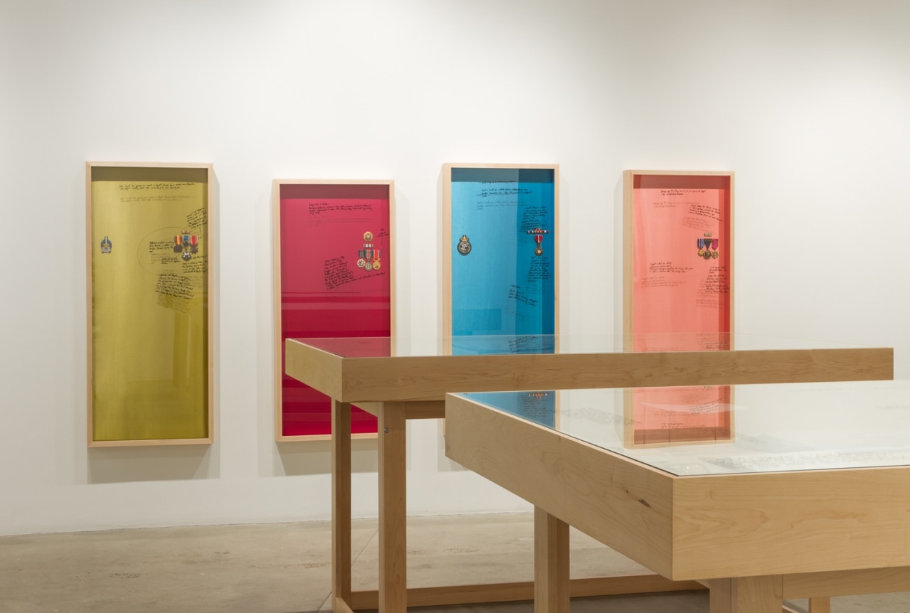 Installation view at Rhona Hoffman Gallery, Michael Rakowitz, The Breakup, 2014