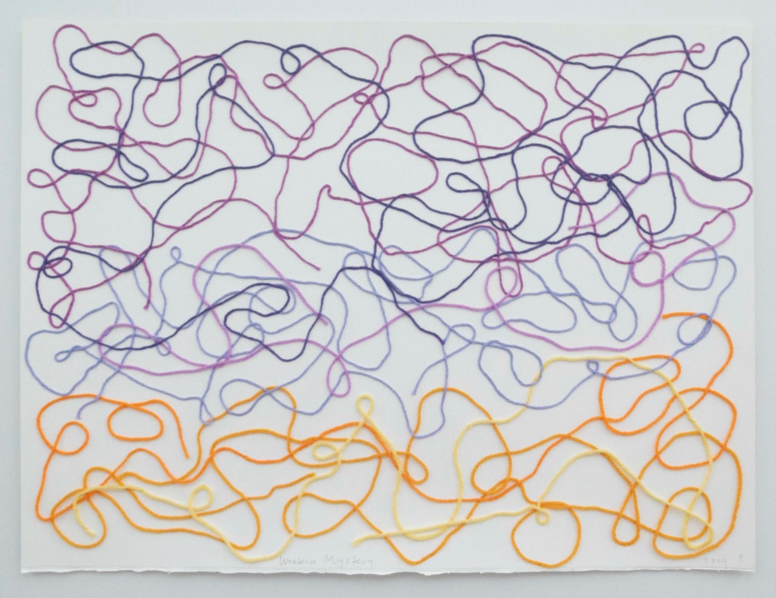 Spencer Finch.&nbsp;Western Mystery (She Sweeps with Many-Colored Brooms) #9,&nbsp;2019. Yarn collaged to paper, 22 x 30 inches.&nbsp;