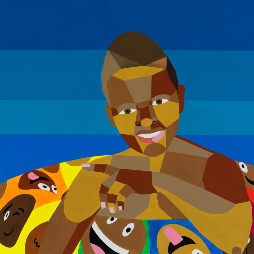 Derrick Adams. Floater 98, 2020.&nbsp;Acrylic paint and fabric on paper, 25 x 25 inches.&nbsp;