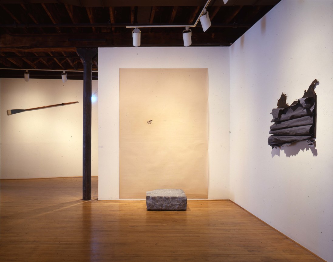 Installation view at Rhona Hoffman Gallery, Nancy Dwyer, Annette Lemieux, Frank Mjore,&nbsp;Steve Miller, Peter Nagy, Tim Rollins + KOS,&nbsp;Group Exhibition, 1986.