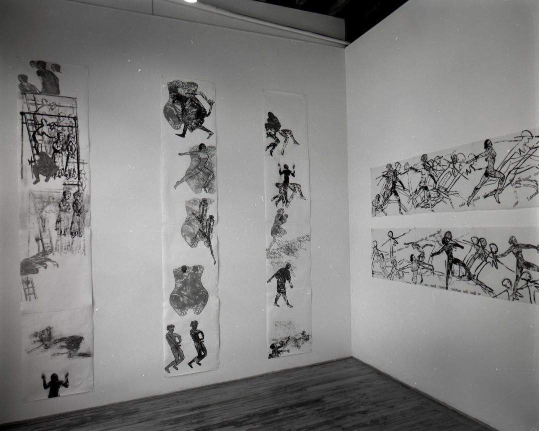 Installation view at Rhona Hoffman Gallery, Nancy Spero,&nbsp;New Work, 1986.