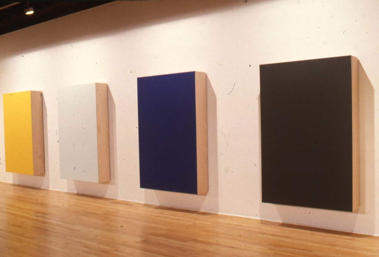 Installation view at Rhona Hoffman Gallery, Christian Eckart, Regular Paintings #1203-#1206, 1989&nbsp;Icon-Type #806,&nbsp;1989.