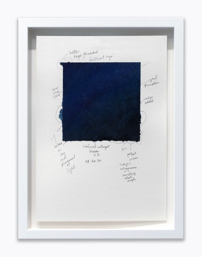 Amanda Williams.&nbsp;What black is this you say?&mdash;&ldquo;You&rsquo;re always confused about why anyone would think you would want to celebrate suffragists when black woman are STILL suffering.&rdquo;&mdash;black (study for 08.27.20),&nbsp;2020. Watercolor on paper, 7 x 10 inches.&nbsp;