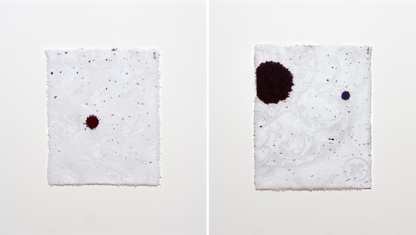 Anne Wilson. Material Drawing no. 2.10 + 3.24, 2018-2020.&nbsp;Damask cloth, ink, thread, 17.5 x 15.5 x 1.5 inches (framed).