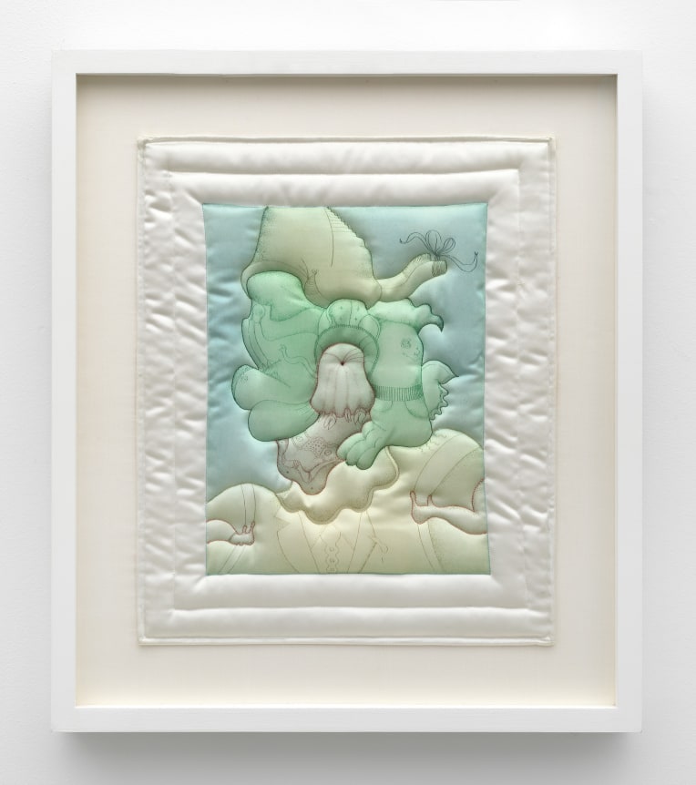 Barbara Rossi, Quilt Picture, 1971. Color etching and aquatint on white satin, 21.25 x 18.25 inches.