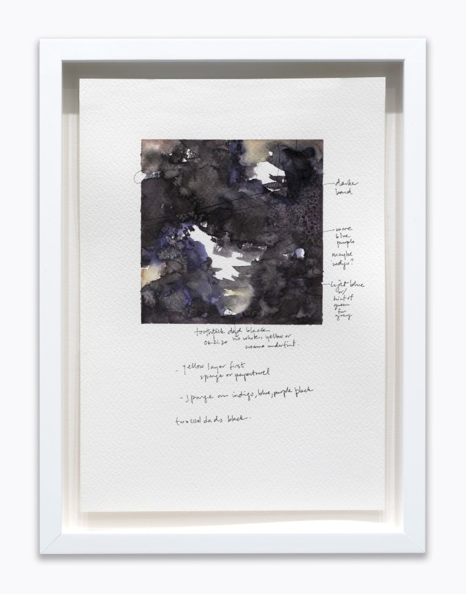 Amanda Williams.&nbsp;What black is this you say?&mdash;-&ldquo;All the too cool for school Dads on our block growing up who called me &lsquo;suga&rsquo;, could expertly hold a convo, cut grass, join in on the young cats street ball game, and never forget to wave bye to you as they left for work, ALL WHILE perfectly dangling what appeared to be the same exact toothpick from their mouths&rdquo;&mdash;-black (study for 06.21.20),&nbsp;2020. Watercolor on paper, 7 x 10 inches.&nbsp;