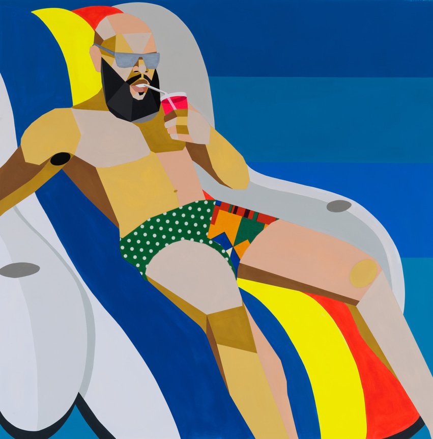 Derrick Adams. Floater 97, 2020.&nbsp;Acrylic paint and fabric on paper,&nbsp;50 x 50 inches.