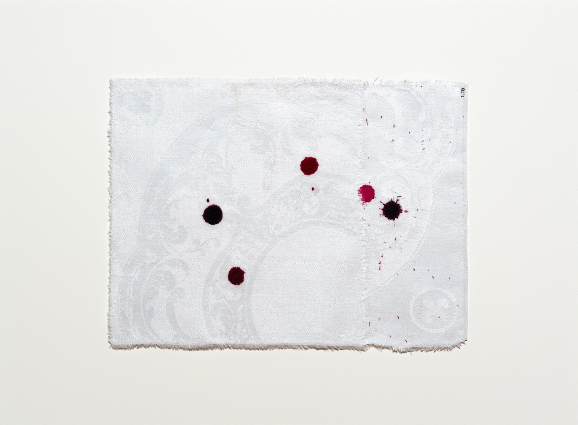 Anne Wilson. Material Drawing no.1.10, 2018-2020.&nbsp;Damask cloth, ink, thread, 17.5 x 23.5 x 1.5 inches (framed).