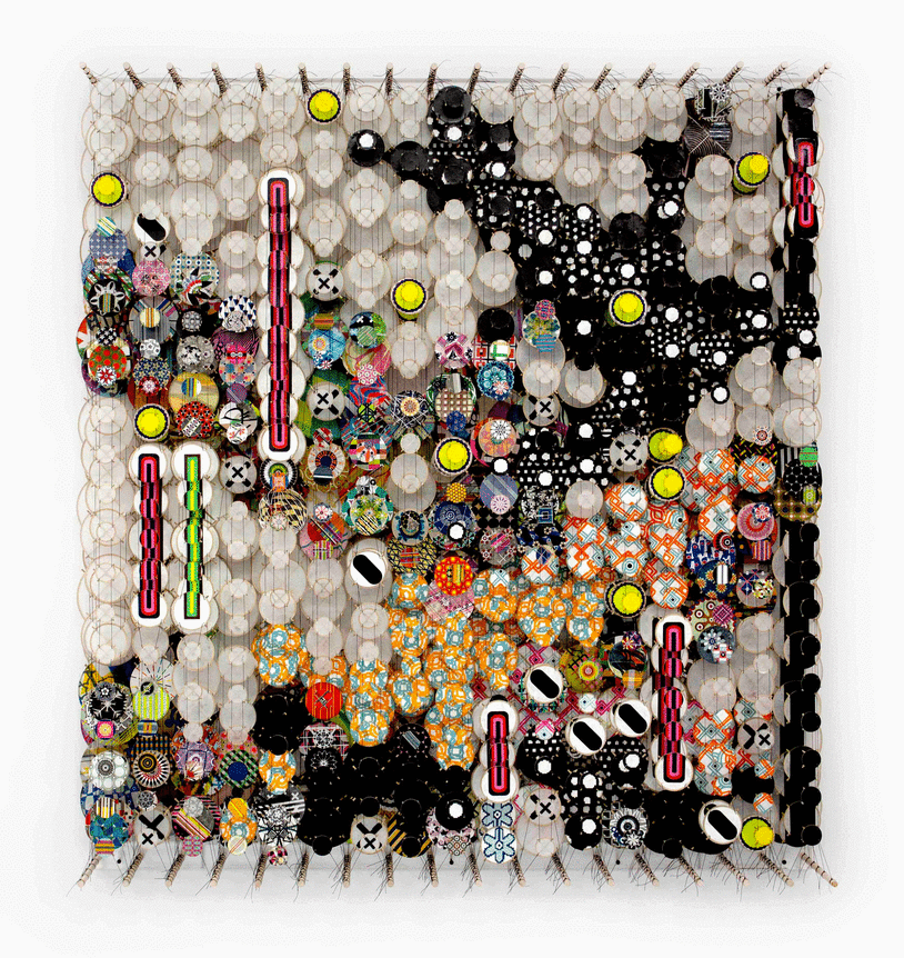 The Garden of Cosmic Violence, 2018. Wood, acrylic, bamboo, paper and Dacron, 66 x 60 inches.