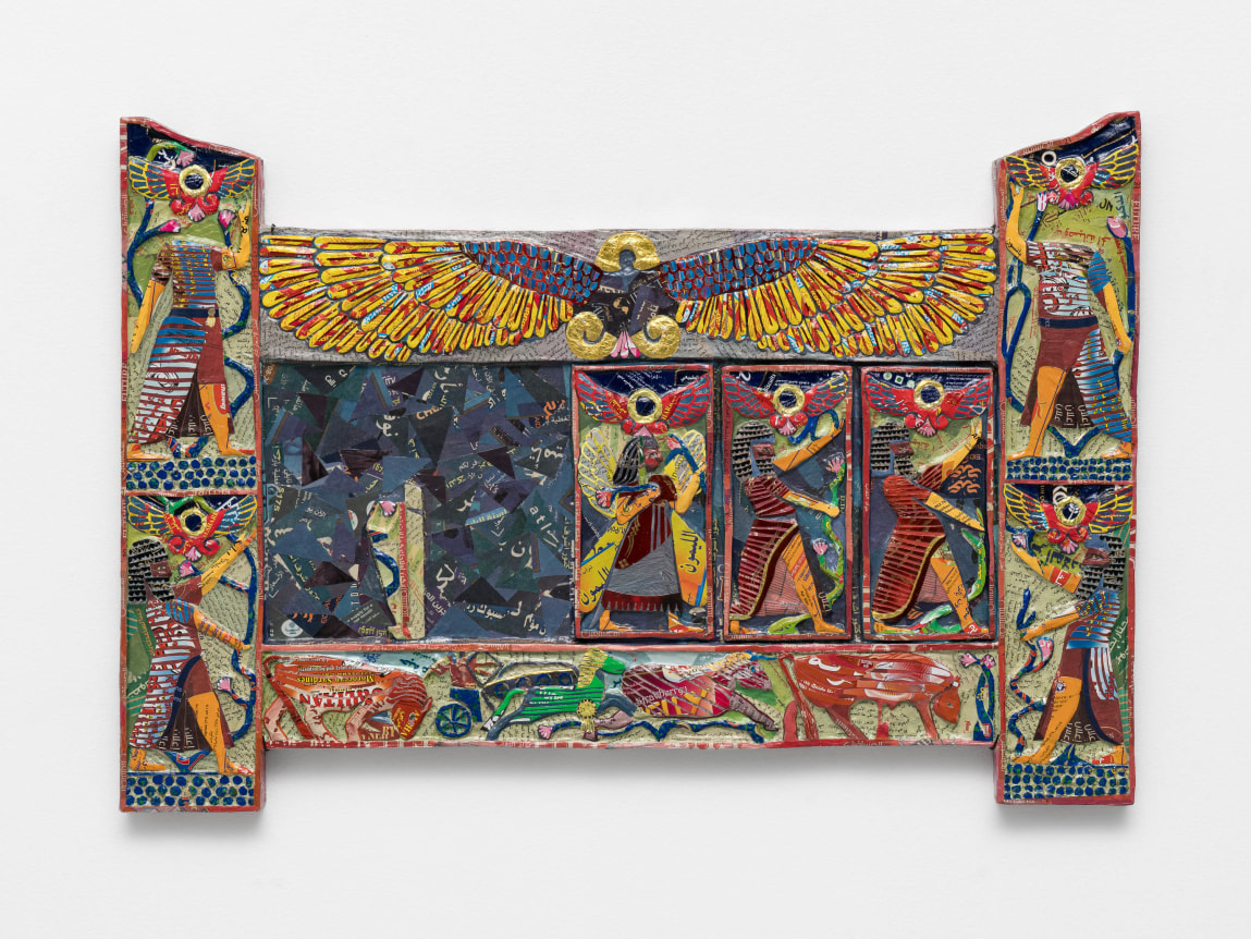 The invisible enemy should not exist - Chair Back, 2022, Middle Eastern food packaging and newspaper with glue on panel