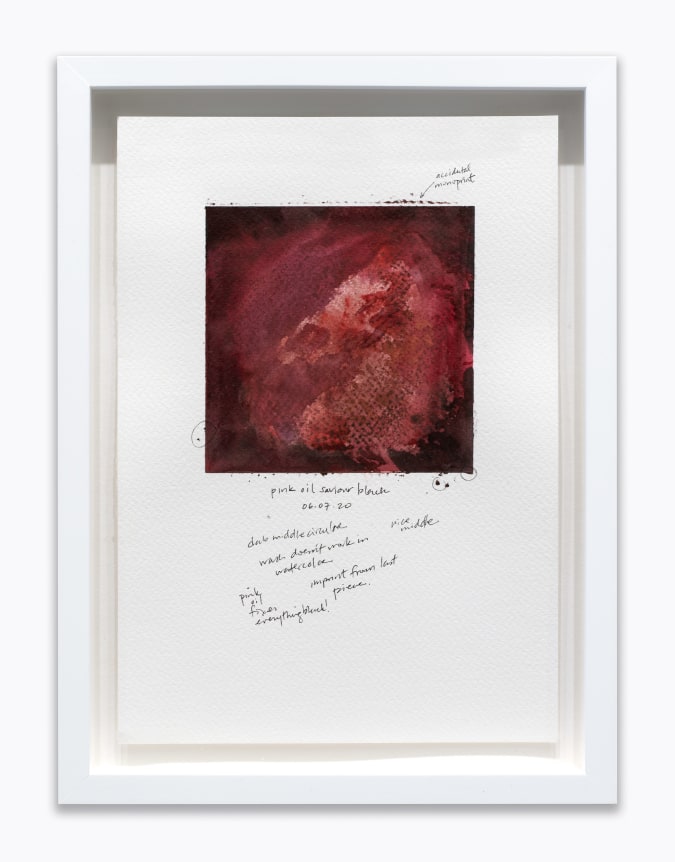 Amanda Williams.&nbsp;What black is this you say?&mdash;-&ldquo;Pink Oil has smoothed over so much and solved so many problems I&rsquo;ve contemplated using it for cooking oil AND as glue&rdquo;&mdash;black (study 06.07.20), 2020. Watercolor on paper, 7 x 10 inches.&nbsp;