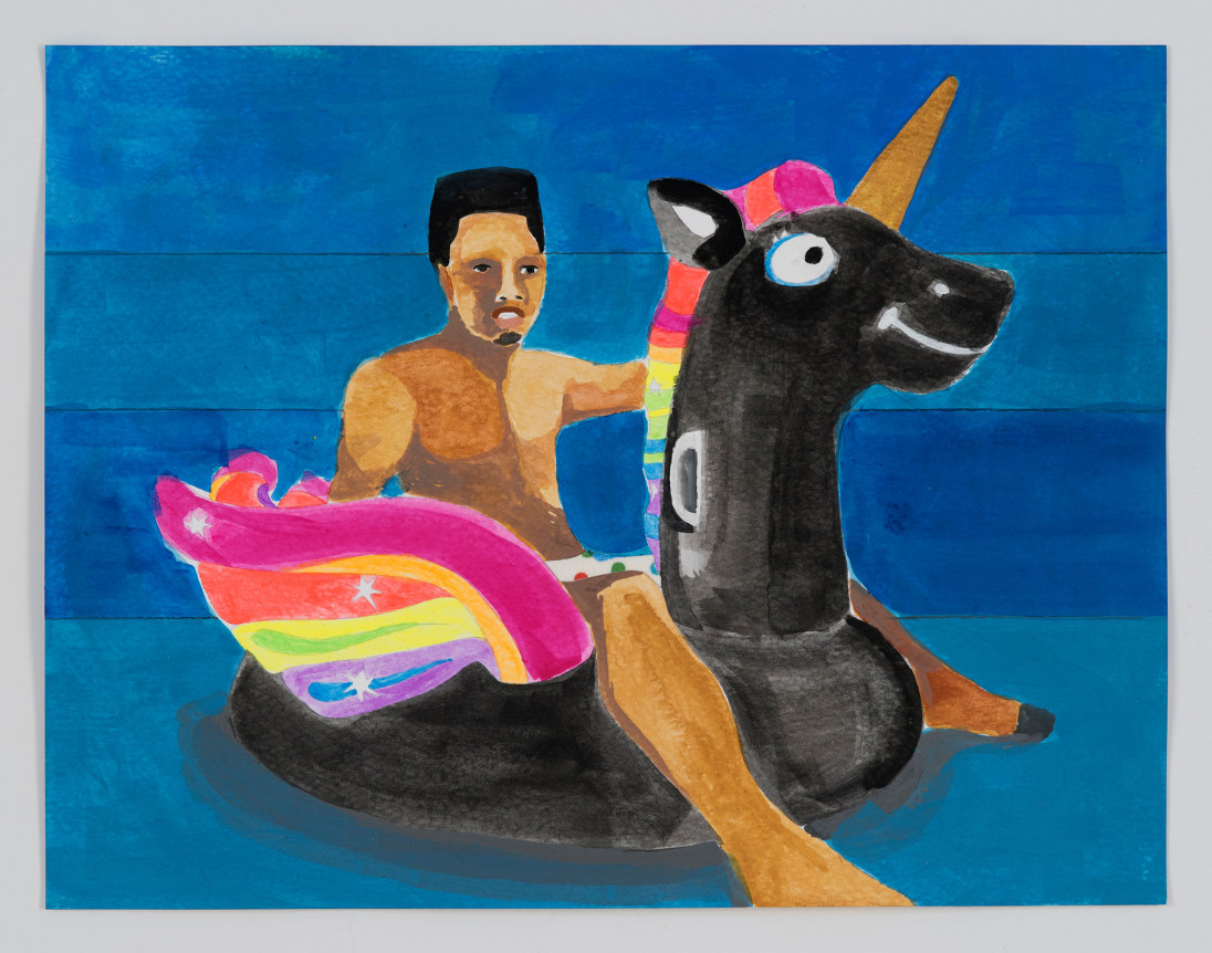 Derrick Adams. Petite Floater 21, 2020. Watercolor, ink, and fabric on paper collage on watercolor paper, 8.5&nbsp;x 11 inches.