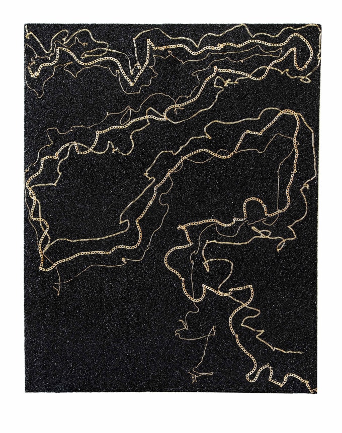 Jimmy Page, 2015. Polychrome stone, gold chains, 60.5 x 49.25 inches.