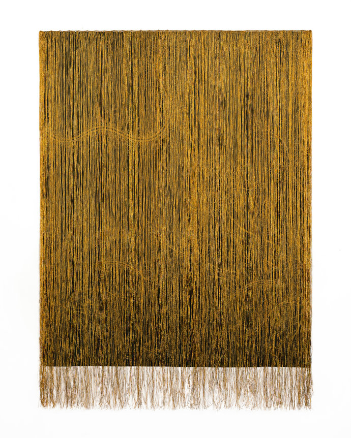 Anne Wilson.&nbsp;Remember, 2020. Damask cloth, ink, gold thread embroidery, 42 x 31 inches (unframed).