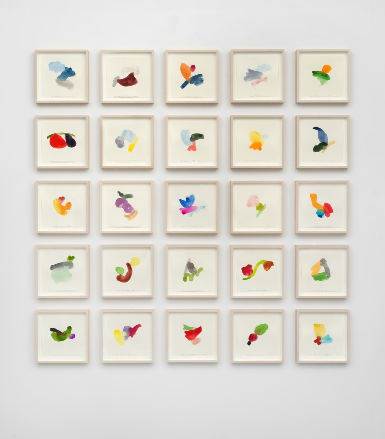 Spencer Finch.&nbsp;Color Notes (Summer), I,&nbsp;2020. Watercolor on paper,&nbsp;set of 25 notes, 7 x 7 inches, paper (each), 9 x 9 inches, frame (each).&nbsp;