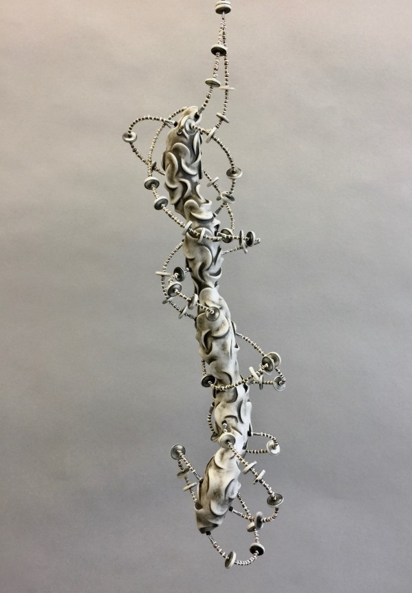 Chris Garofalo.&nbsp;atoomknoppen,&nbsp;2020. Partially underglazed porcelain,&nbsp;bone, metal and glass beads, 19 x 4 x 4 inches.&nbsp;