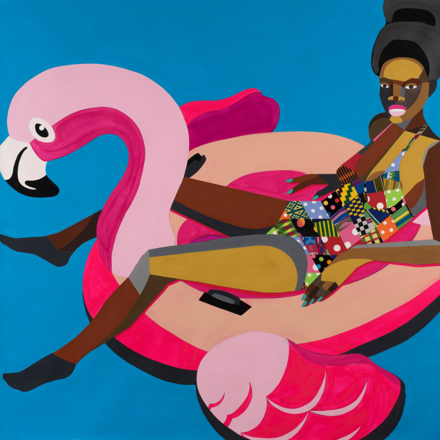 Derrick Adams, Floater 75, 2018. Acrylic paint and collage on paper, 50 x 50 inches.