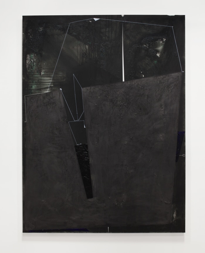 Torkwase Dyson.&nbsp;Fossil Blues (1919: Black Water),&nbsp;2019. Graphite, acrylic, and ink on canvas, 96 x 72 inches.