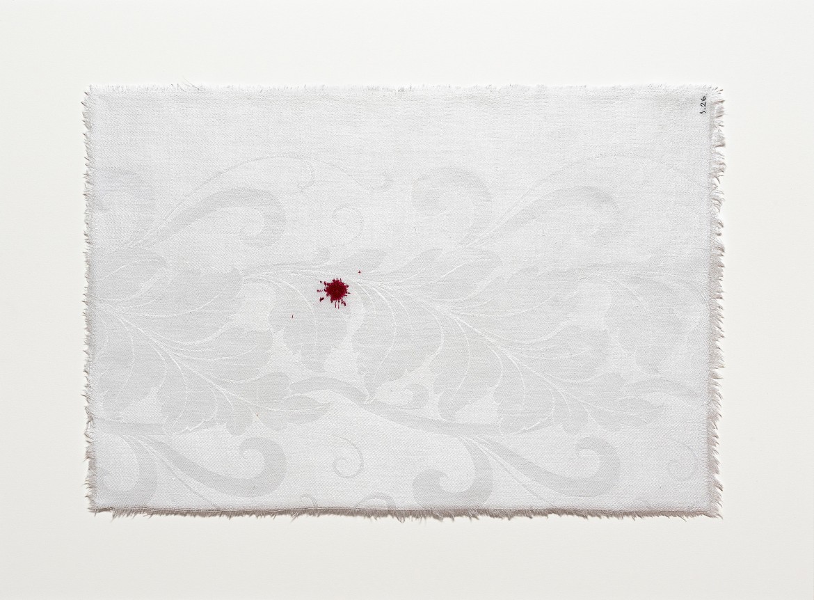 Anne Wilson. Material Drawing No.1.26, 2018-2020.&nbsp;Damask cloth, ink, thread, 17.5 x 23.5 x 1.5 inches (framed).