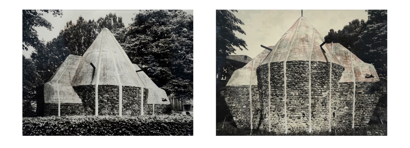 Gordon Matta-Clark.&nbsp;Sliced Brick Building, 1977.&nbsp;Black and white photographs with cuts, 12.5 x 14.75 inches, framed.