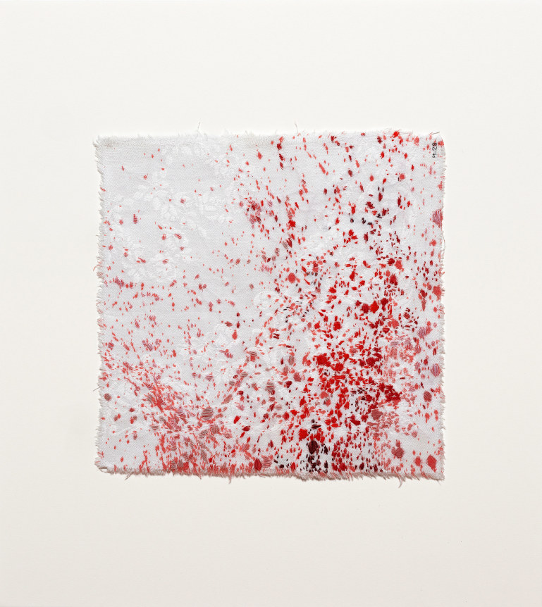 Anne Wilson. Material Drawing no. 4.28, 2018-2020. Damask cloth, ink, thread, 19.5 x 17.5 x 1.5 inches, (framed).&nbsp;