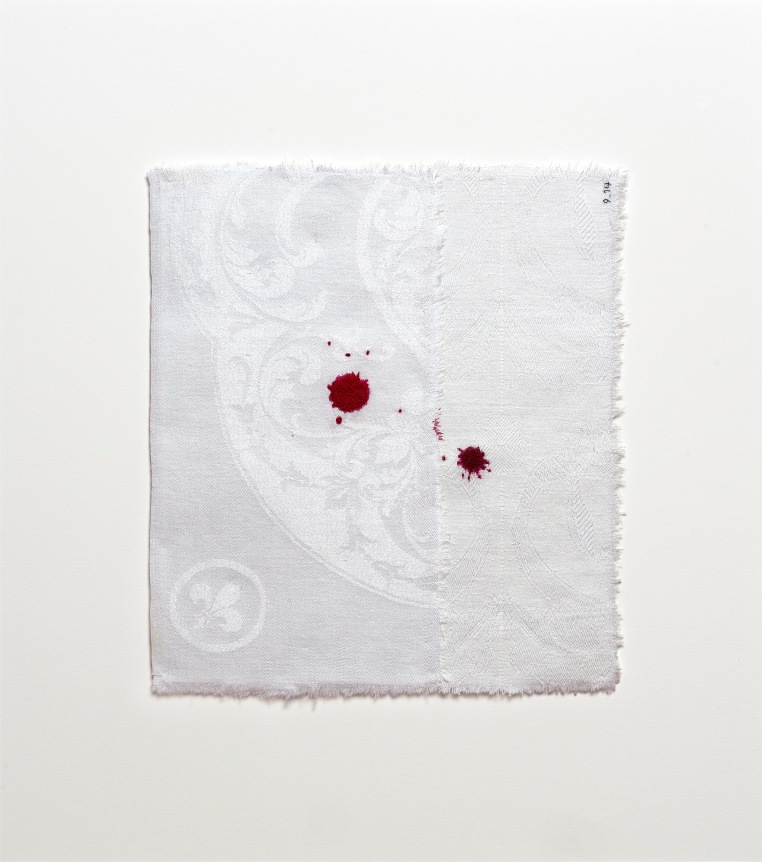 Anne Wilson. Material Drawing no. 9.14, 2018-2020. Damask cloth, ink, thread, 17.5 x 15.5 x 1.5 inches (framed).