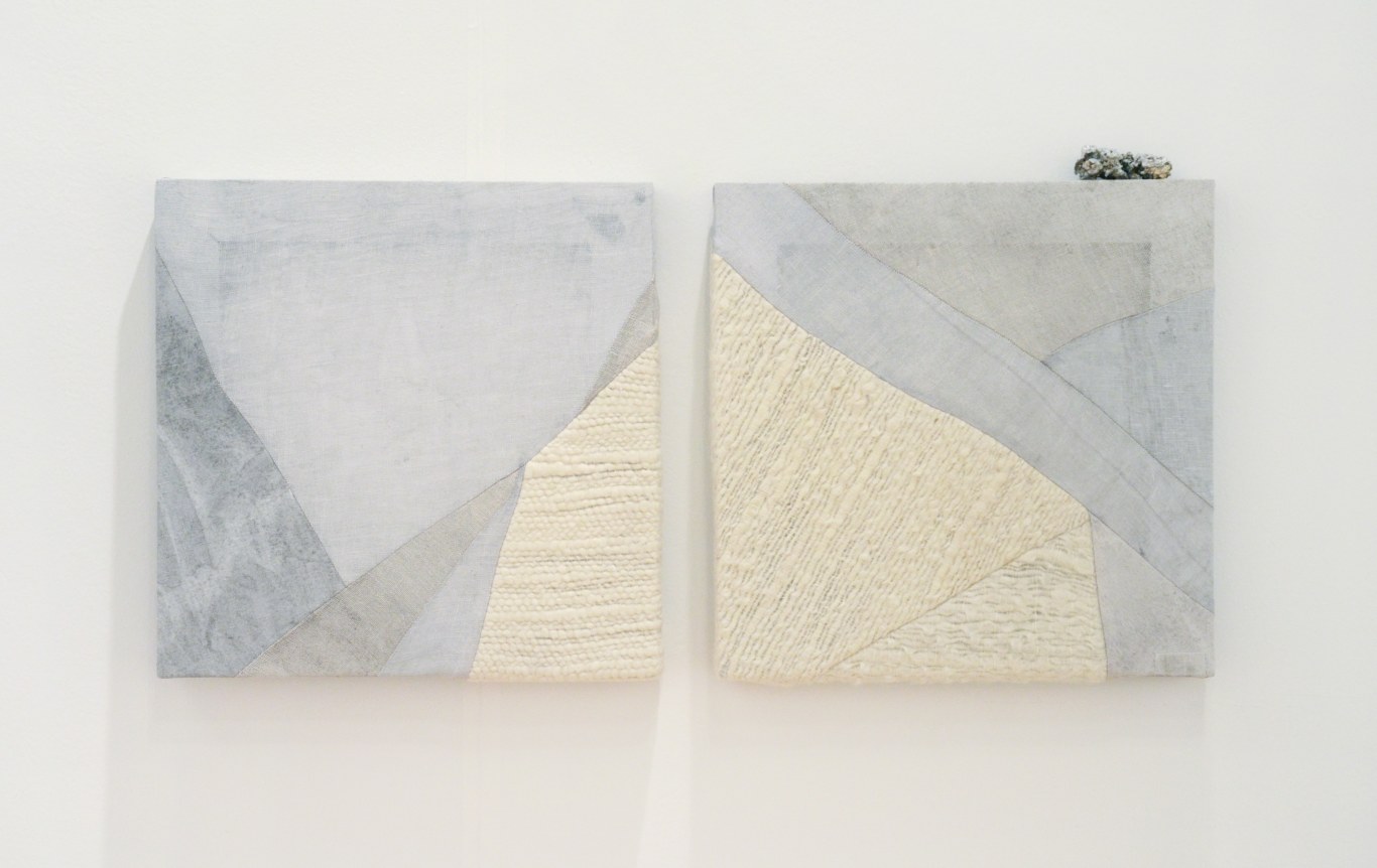 Martha Tuttle.&nbsp;Let Rocks be your Guide,&nbsp;2019. Wool, linen, pigment, slag and aluminum. Diptych, 12 x 12 inches (each).&nbsp;