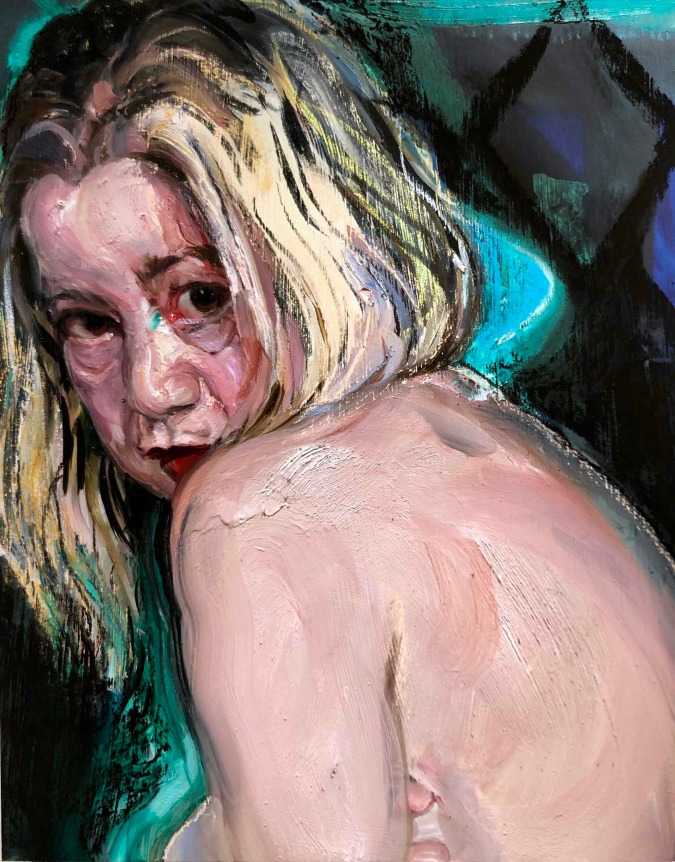 Natalie Frank.&nbsp;&nbsp;Woman (over the shoulder),&nbsp;2019.&nbsp; Mixed media on panel, 20 x 16 inches.&nbsp;&nbsp;