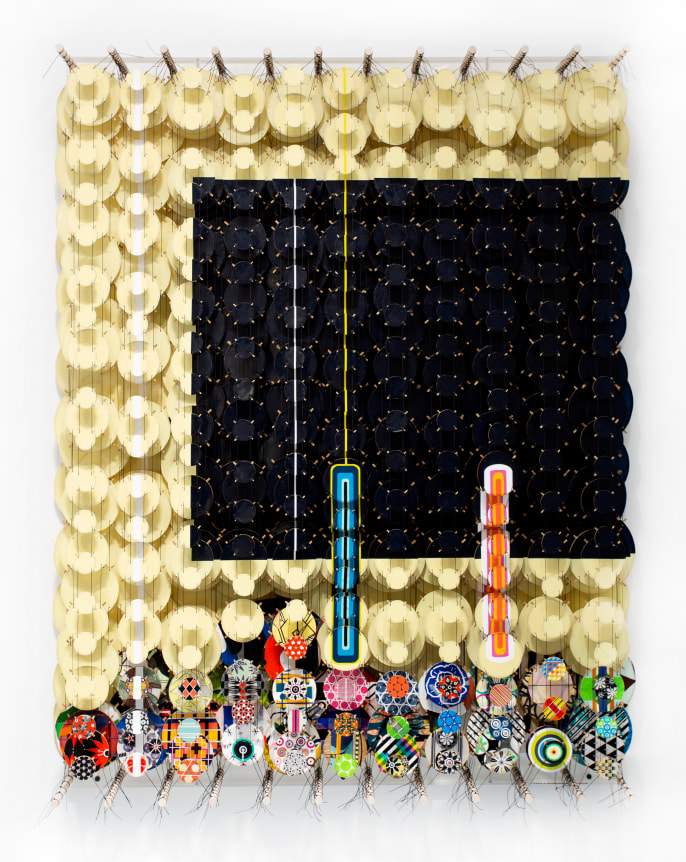 Jacob Hashimoto.&nbsp;&nbsp;As If Invention Were Some Irrecoverable Point of Departure,&nbsp;2019.&nbsp;Wood, acrylic, bamboo, paper and Dacron, 52 x 42 x 8.25 inches.