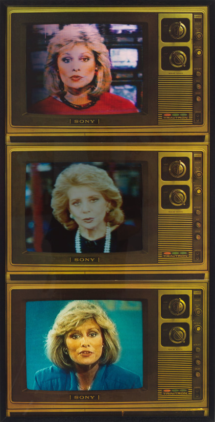 Robert Heinecken, T.V. Newswomen Corresponding (Faith and Barbara), 1986. Three cibachrome prints and TV matte lithographs.