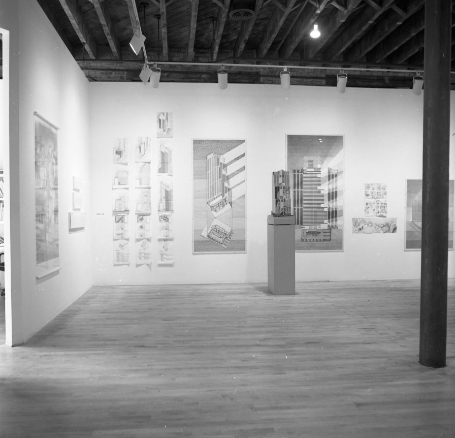 Installation view at Rhona Hoffman Gallery, Thomas Beeby, Helmut Jahn, George Ranalli, Stanley Tigerman, The Architectural Process: Plans, Models, Drawings, 1980
