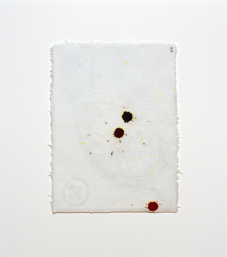 Anne Wilson. Material Drawing no. 3.5, 2018-2020. Damask cloth, ink, thread, 17.5 x 15.5 x 1.5 inches (framed).&nbsp;