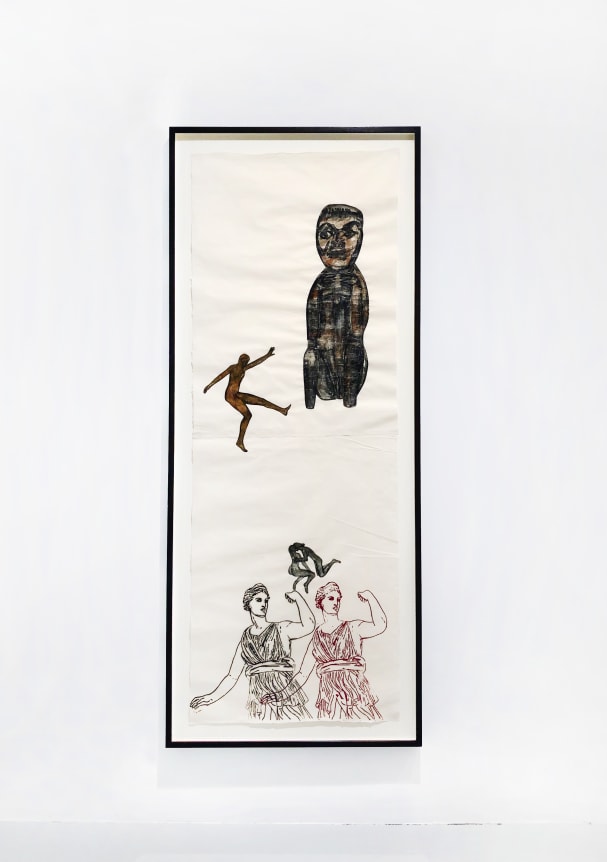 Nancy Spero,&nbsp;Artemis, 1983. Collage on paper, 60 x 24.75 x 1.5 inches, framed.