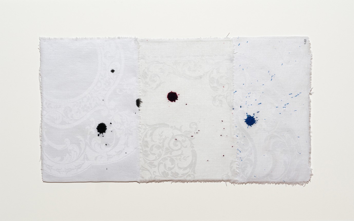 Anne Wilson.&nbsp;Material Drawing no.1.22, 2018-2020.&nbsp;Damask cloth, ink, thread, 17.5 x 27.5 x 1.5 inches (framed)