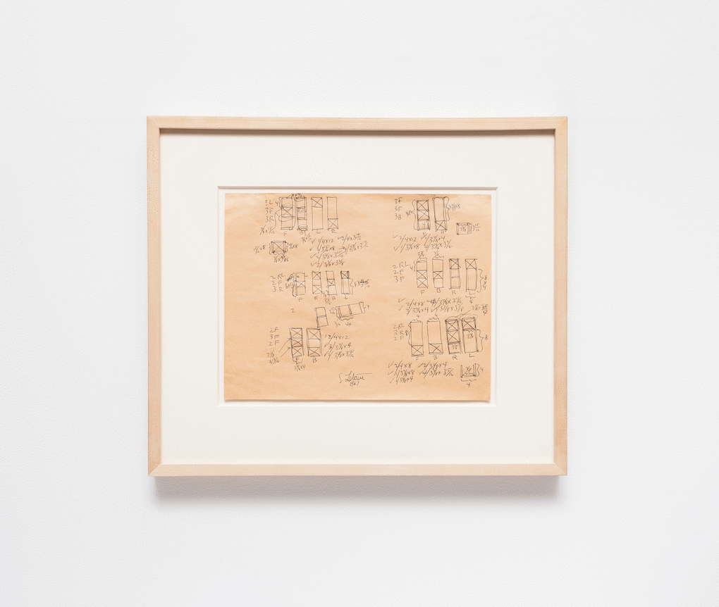 Sol Lewitt.&nbsp;&nbsp;Modular Structure (#6), 1967.&nbsp;Ballpoint pen on brown paper, 8.5 x 11 inches, framed.