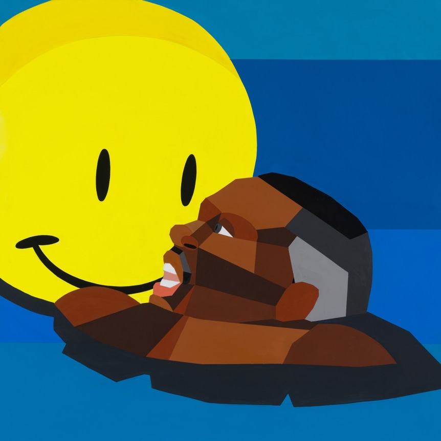 Derrick Adams. Floater 99, 2020.&nbsp;Acrylic paint and fabric on paper,&nbsp;23 x 23 inches.&nbsp;