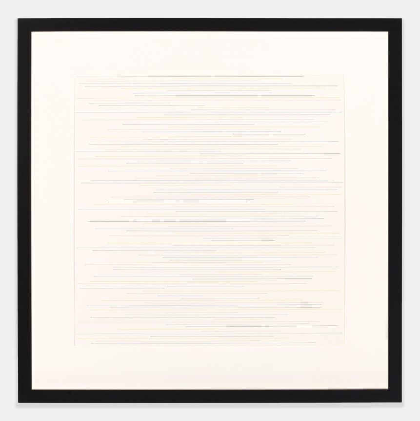 Sol LeWitt, Alternate parallel straight black, yellow, red and blue lines of random length, not touching the sides of the page, 1972. Ink on paper, 14 x 14 inches.
