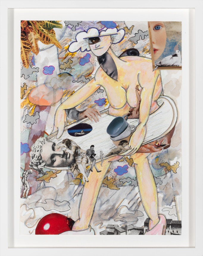 Head on a Plate that Slipped, 2016.&nbsp;Ink, colored pencil and watercolor on paper collage, 12 x 9 inches.