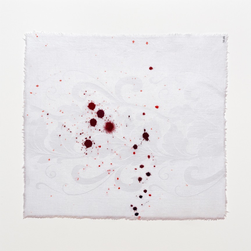 Anne Wilson. Material Drawing no.10.20, 2018-2020. Damask cloth, ink, thread, hair, 22 x 22 x 1.5 inches (framed).