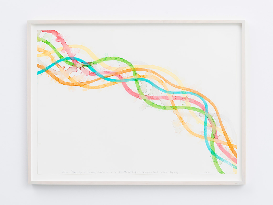 Gutter (Brooklyn) coffe cup, listerine pack, cigaretter butt, bottle of urine, paper, leaf, potato chip bag,&nbsp;2019, Watercolor on paper