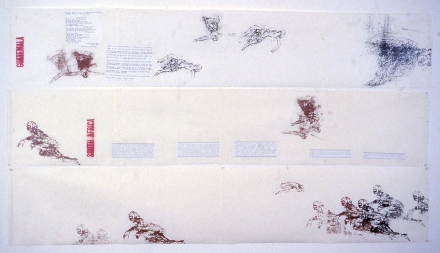 Installation view at Rhona Hoffman Gallery, Nancy Spero, 1983.