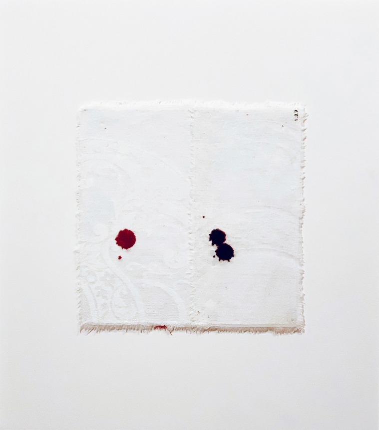 Anne Wilson. Material Drawing no.1.27, 2018-2020.&nbsp;Damask cloth, ink, thread, 17.5 x 15.5 x 1.5 inches (framed).