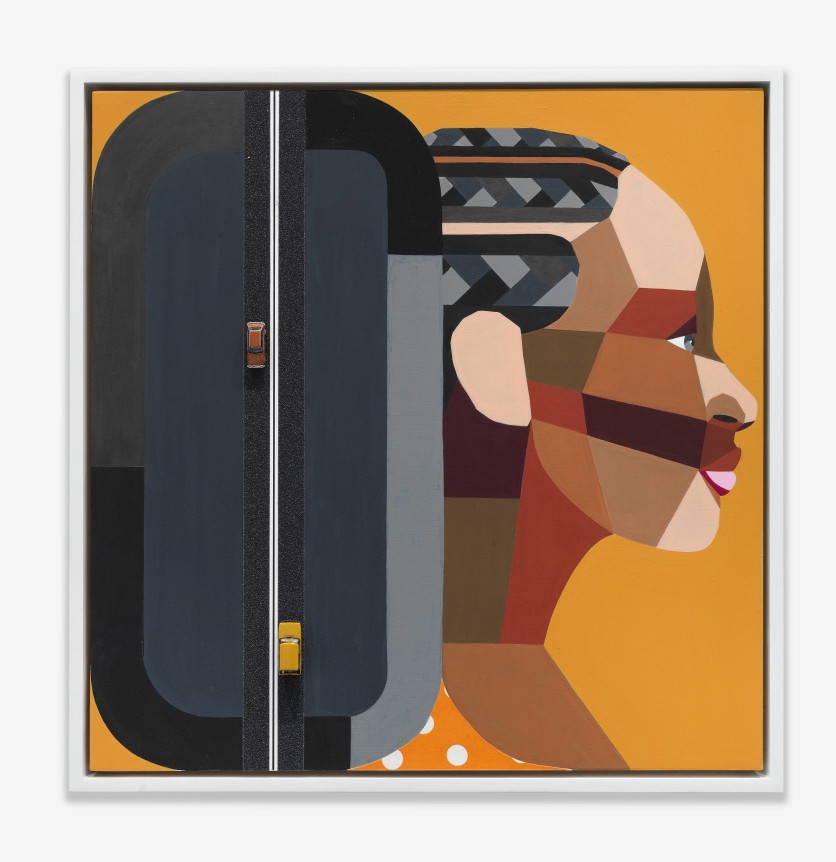 Derrick Adams,&nbsp;Figure&nbsp;in the Urban Landscape 35, 2019.&nbsp;, Acrylic, graphite, ink, fabric on paper, grip tape, model cars on wood panel.