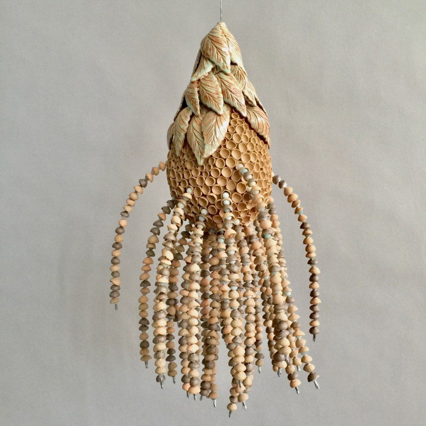 Chris Garofalo.&nbsp;kivipisaraid,&nbsp;2020.&nbsp;partially glazed&nbsp;stoneware,&nbsp;amazonite&nbsp;beads, 16 x 7 x 7 inches.