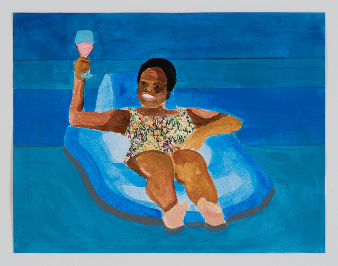 Derrick Adams.&nbsp;Petite Floater 22, 2020. Watercolor, ink, and printed vinyl shelf liner&nbsp;on watercolor paper, 8.5&nbsp;x 11 inches.