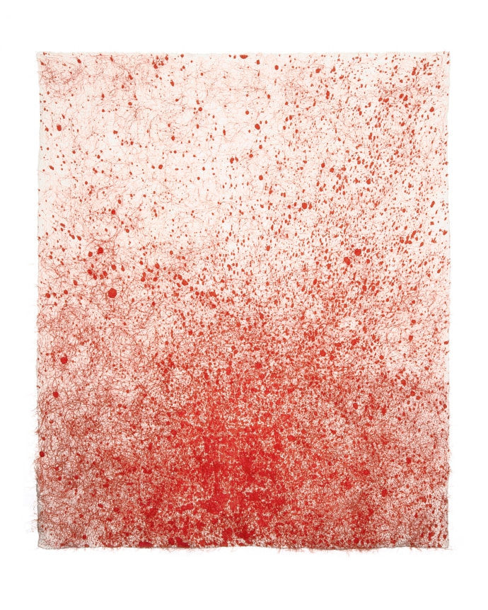 Anne Wilson.&nbsp;Weep, 2020. Damask cloth, ink, hair embroidery, 38 x 31 inches.&nbsp;