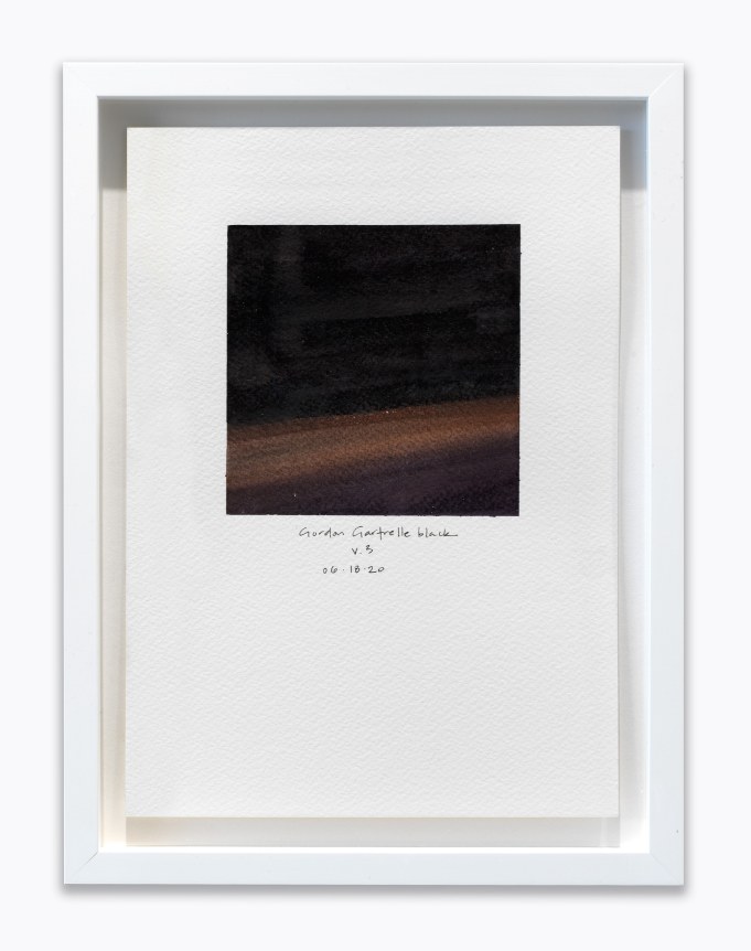 Amanda Williams.&nbsp;What black is this you say?&mdash;-You still wanna cop that Gordon Gartrelle knock-off Denise made for Theo; two-tone flap in the back&rdquo;&mdash;black (study for 06.18.20),&nbsp;2020. Watercolor on paper, 7 x 10 inches.&nbsp;