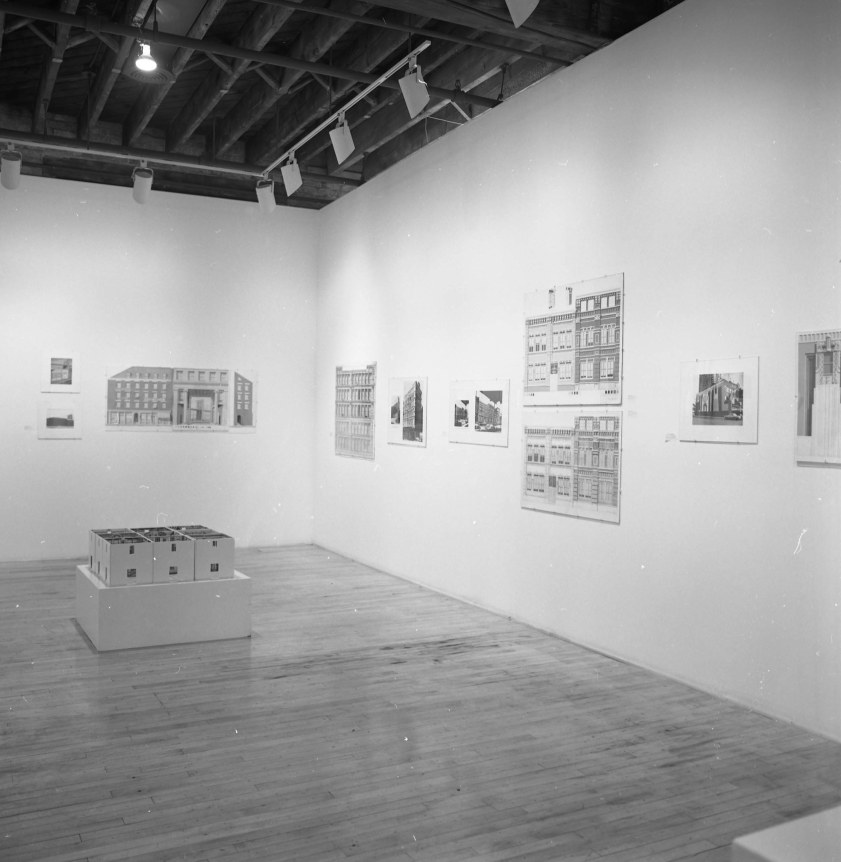 Installation view at Rhona Hoffman Gallery, Thomas Beeby, Helmut Jahn, George Ranalli, Stanley Tigerman, The Architectural Process: Plans, Models, Drawings, 1980